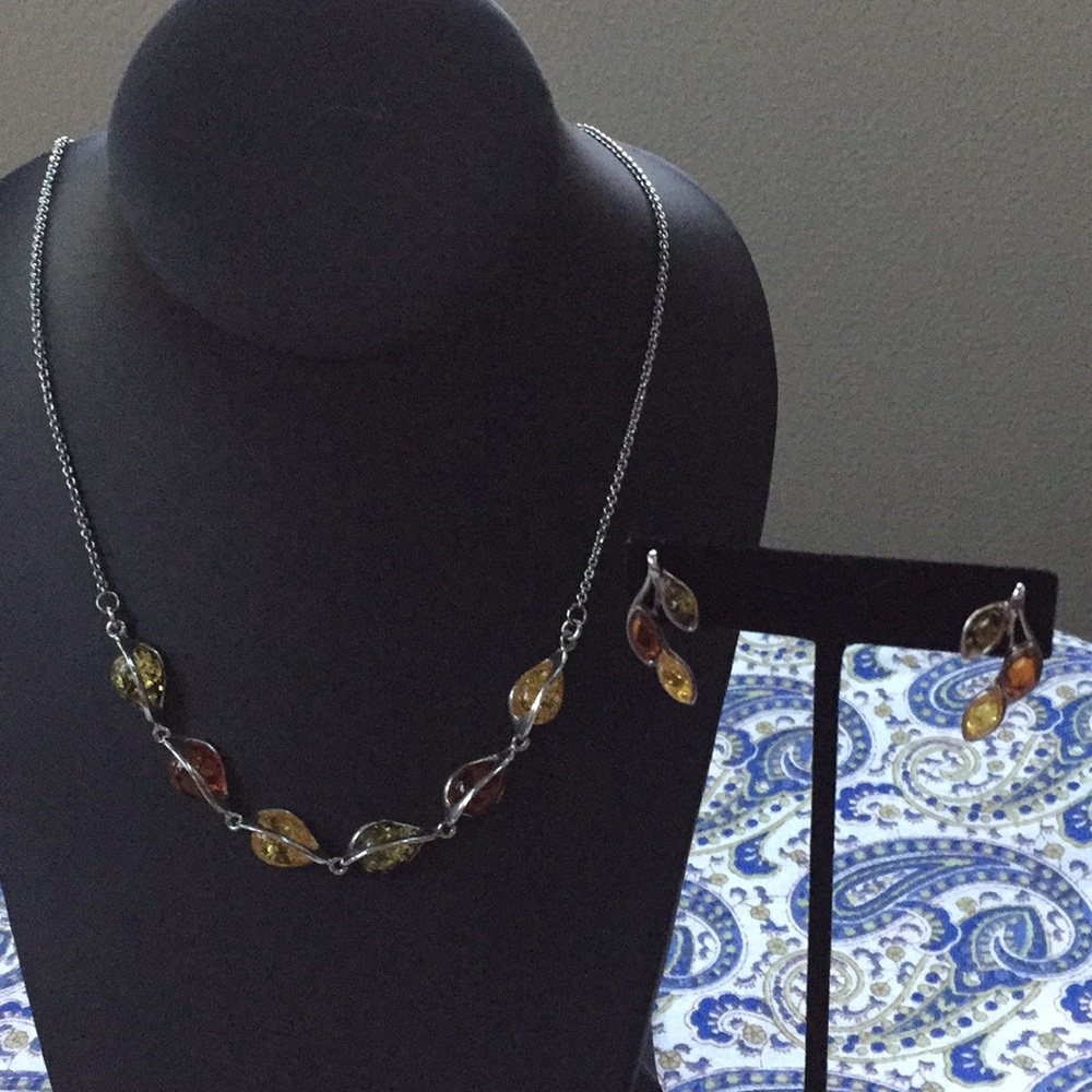 Tri-Colored Amber Necklace and Earrings -925